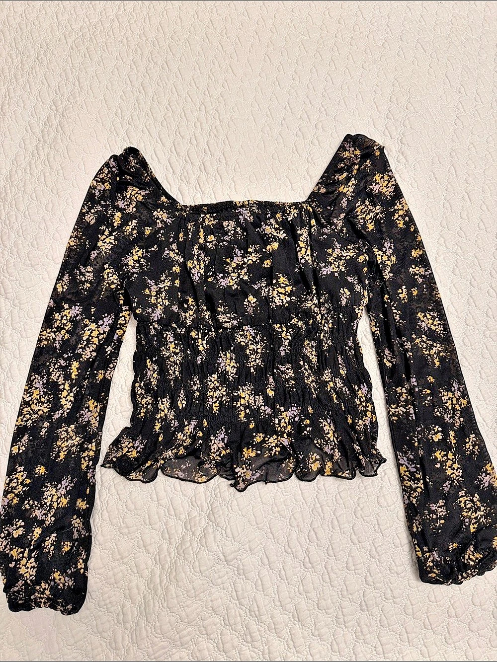 Design Lab Lord & Taylor Floral Smocked Blouse in Black & Yellow Size XS